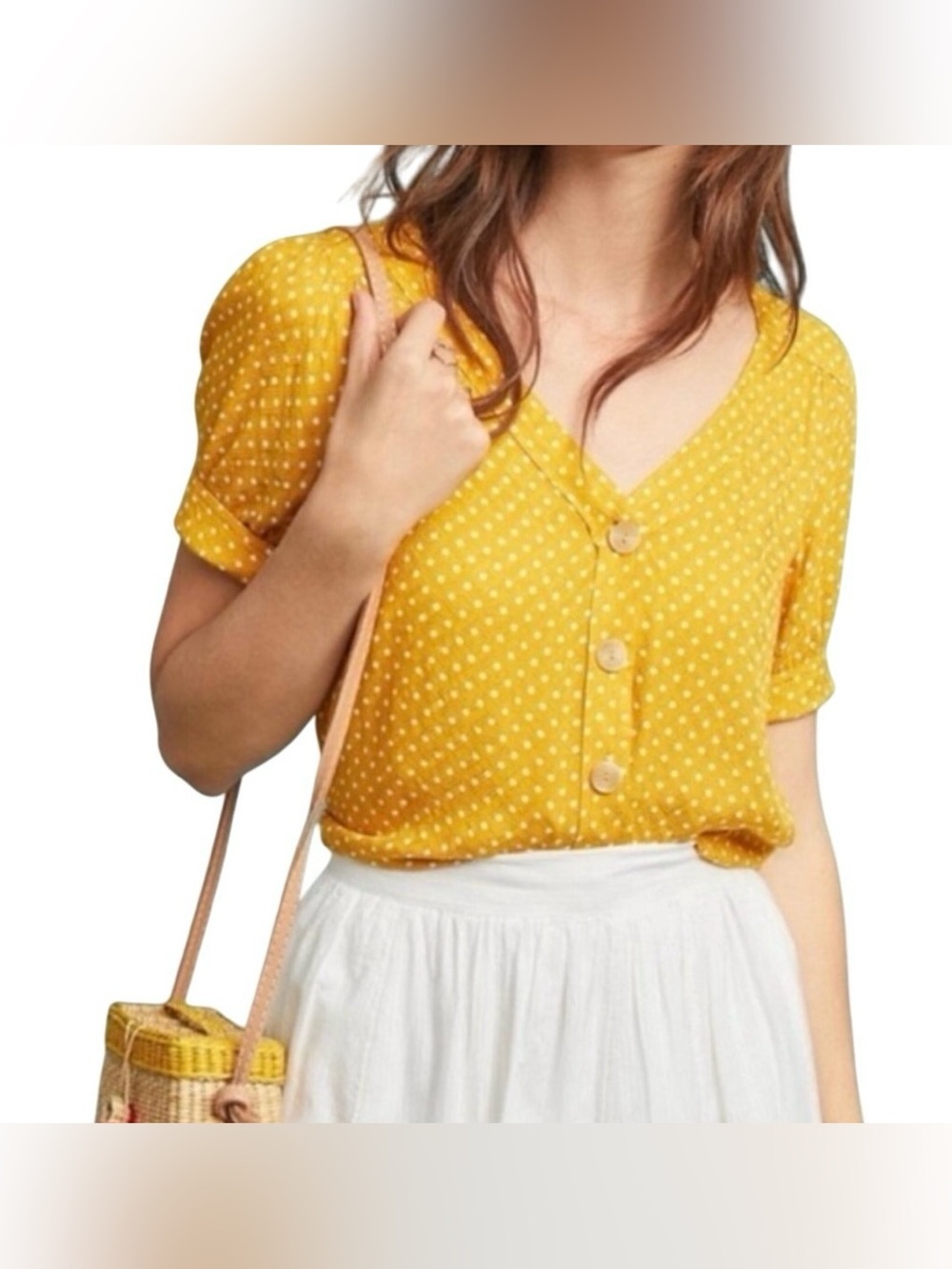 Maeve by Anthropologie Yellow and White Polka Dot Button Down Blouse - Size 4